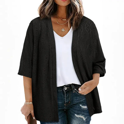 Plus Size Knitted Jacquard Cardigan for Women, Half Sleeve Summer Kimono Cover Up, Elegant Open Front Tops