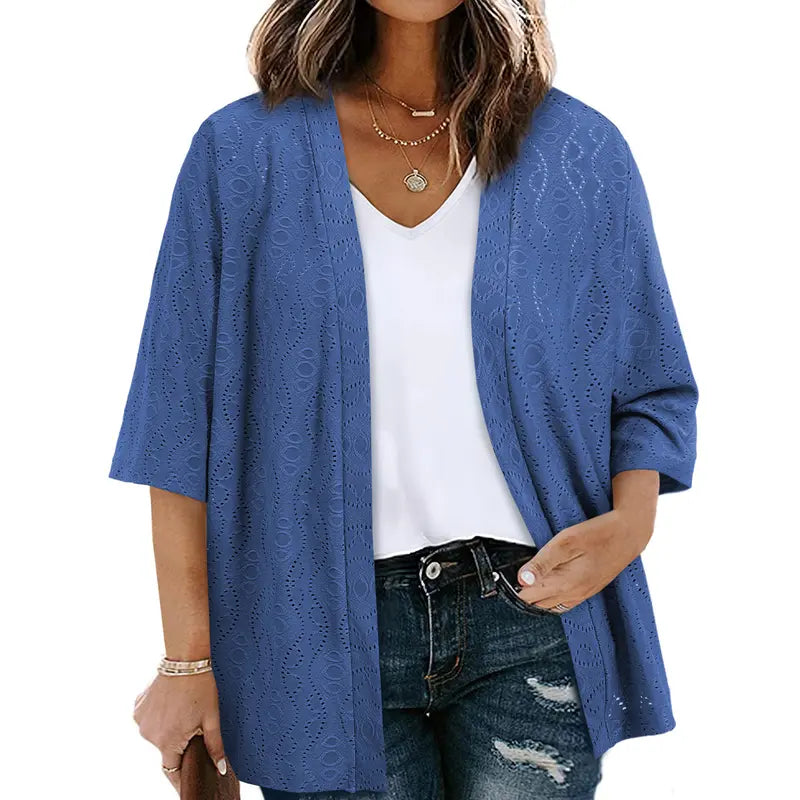 Plus Size Knitted Jacquard Cardigan for Women, Half Sleeve Summer Kimono Cover Up, Elegant Open Front Tops