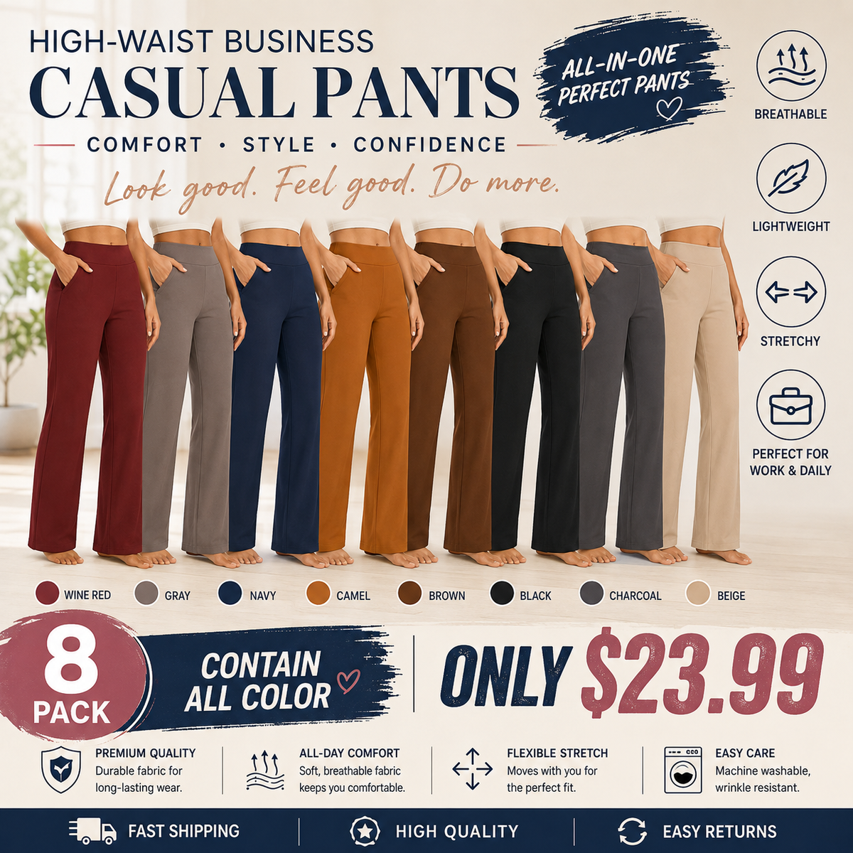 💘Women’s High-Waist Wide Leg Pants – Business Casual Yoga Dress Pants with Pockets