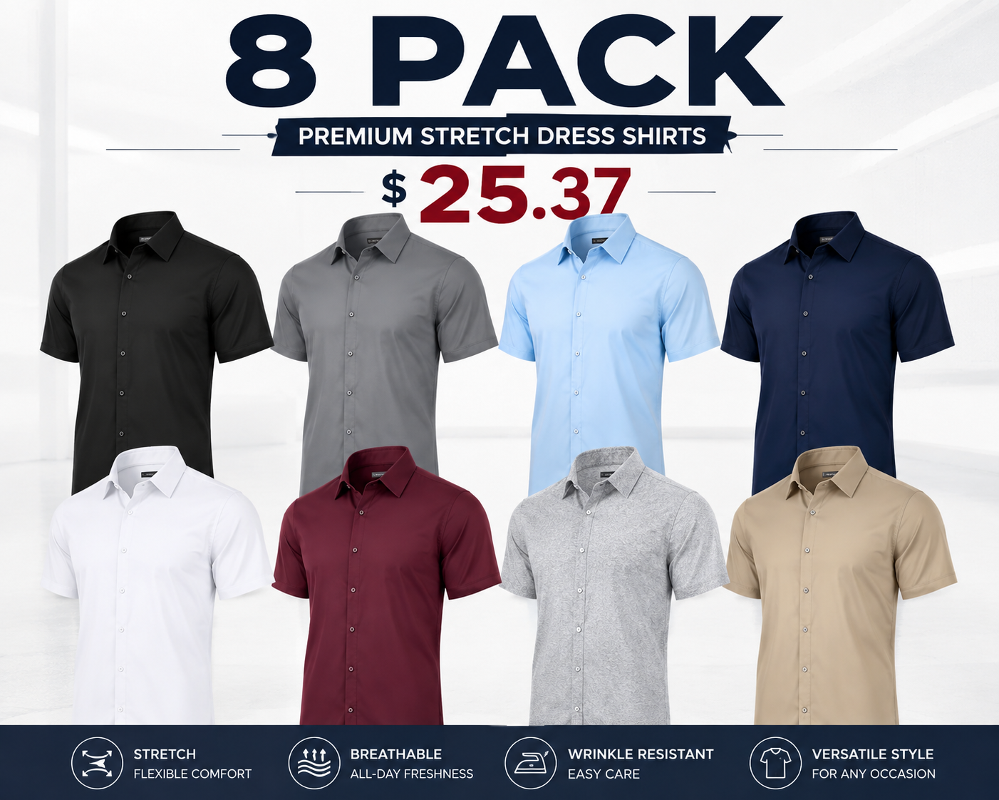 Men's 5 Pack Short Sleeve Stretch Dress Shirt