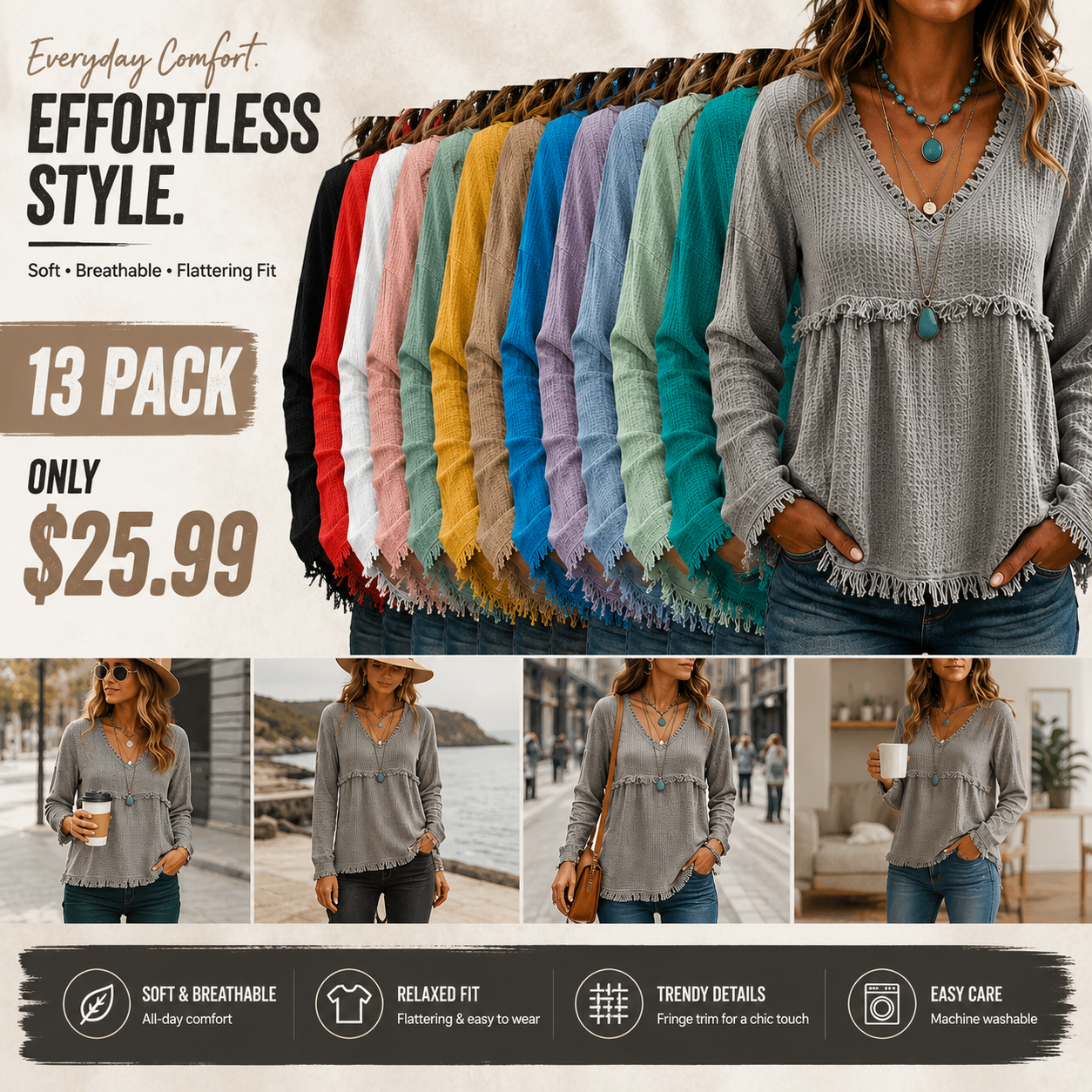 Women’s Boho V Neck Long Sleeve Fringe Top Plus Size S-3XL