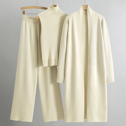 Women’s Three-Piece Knit Set – Long Cardigan, Sleeveless Top & Wide-Leg Pants