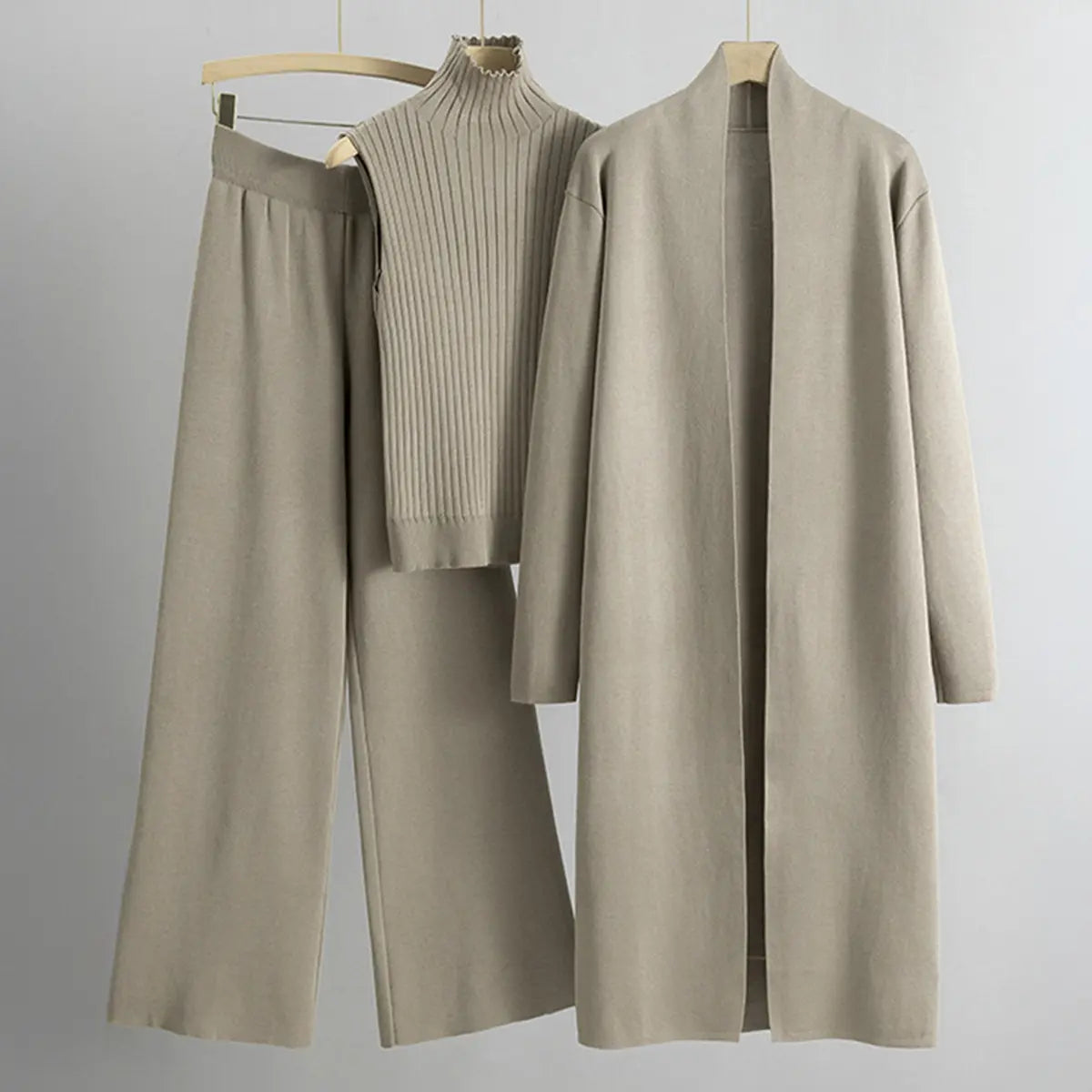 Women’s Three-Piece Knit Set – Long Cardigan, Sleeveless Top & Wide-Leg Pants