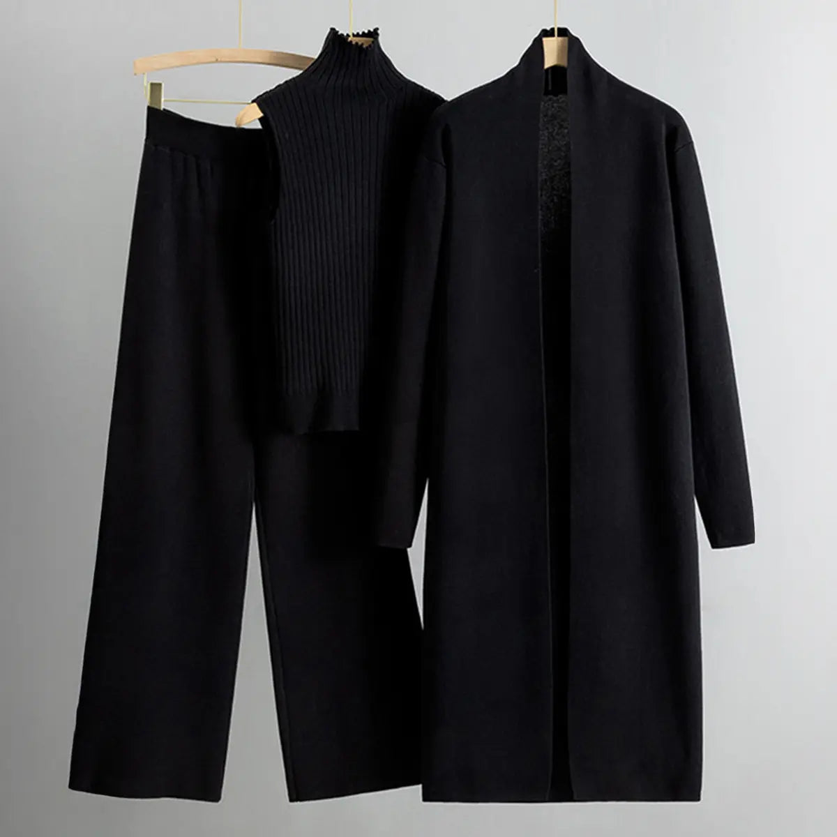 Women’s Three-Piece Knit Set – Long Cardigan, Sleeveless Top & Wide-Leg Pants