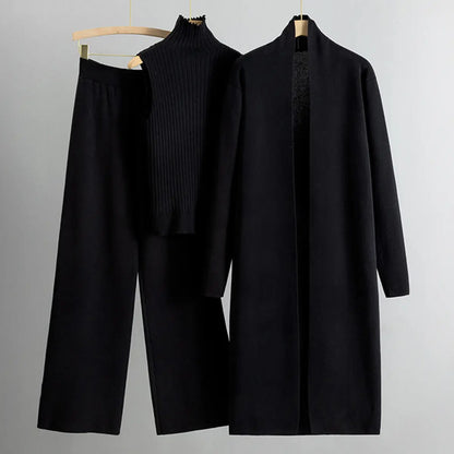 Women’s Three-Piece Knit Set – Long Cardigan, Sleeveless Top & Wide-Leg Pants