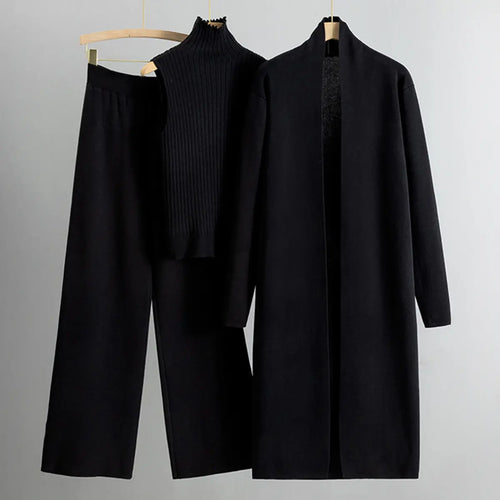 Women’s Three-Piece Knit Set – Long Cardigan, Sleeveless Top & Wide-Leg Pants