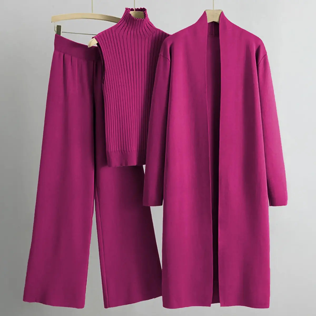 Women’s Three-Piece Knit Set – Long Cardigan, Sleeveless Top & Wide-Leg Pants