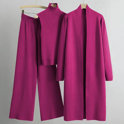Women’s Three-Piece Knit Set – Long Cardigan, Sleeveless Top & Wide-Leg Pants