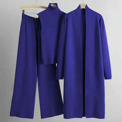 Women’s Three-Piece Knit Set – Long Cardigan, Sleeveless Top & Wide-Leg Pants