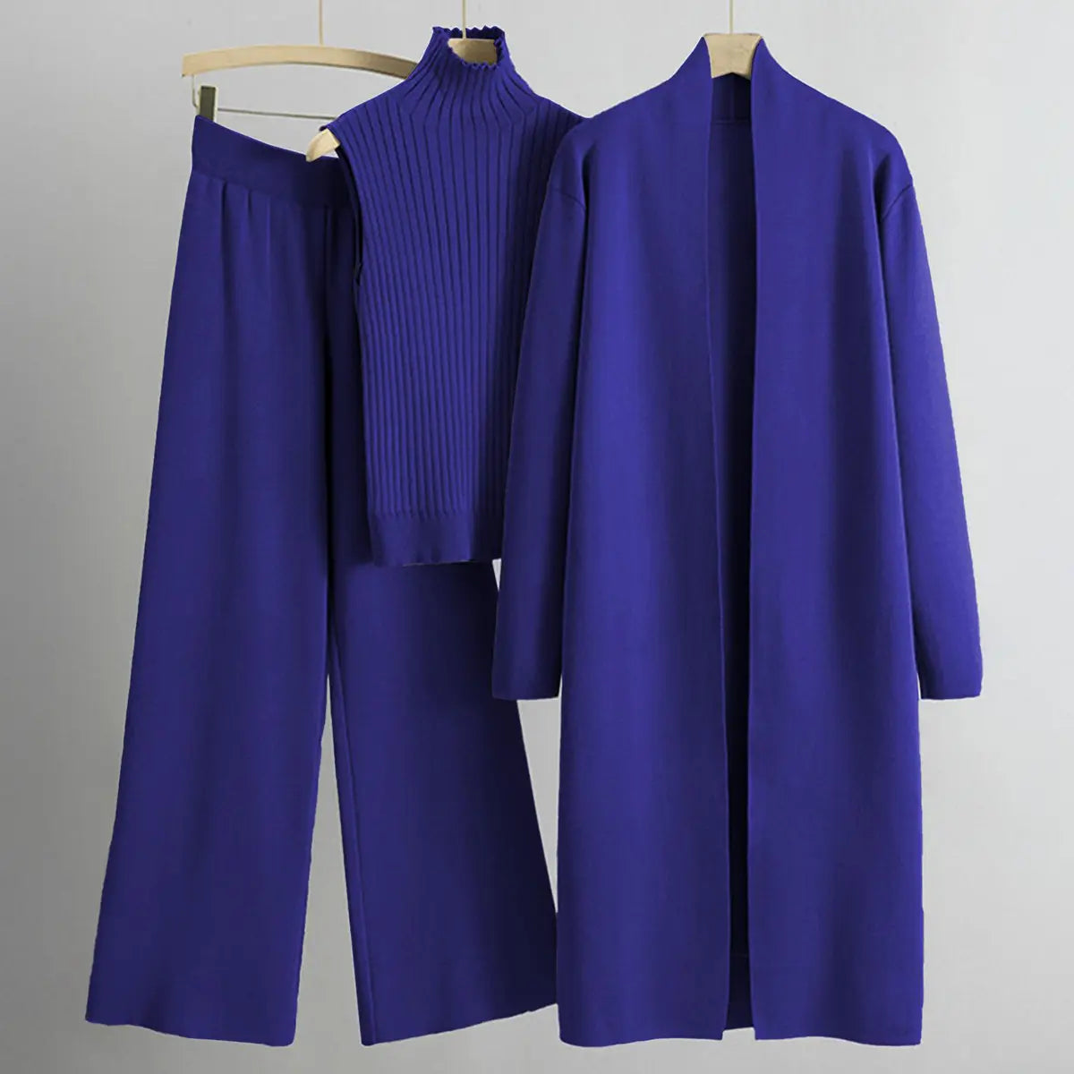 Women’s Three-Piece Knit Set – Long Cardigan, Sleeveless Top & Wide-Leg Pants