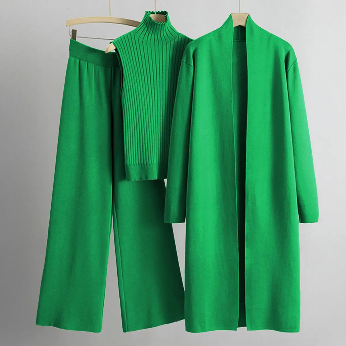 Women’s Three-Piece Knit Set – Long Cardigan, Sleeveless Top & Wide-Leg Pants