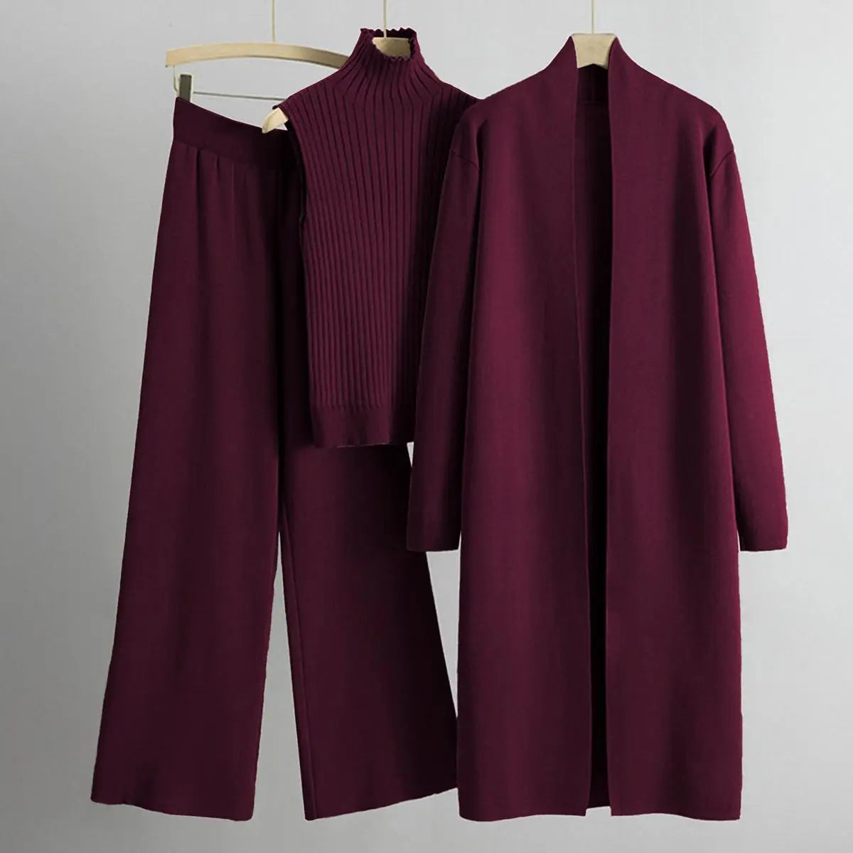 Women’s Three-Piece Knit Set – Long Cardigan, Sleeveless Top & Wide-Leg Pants