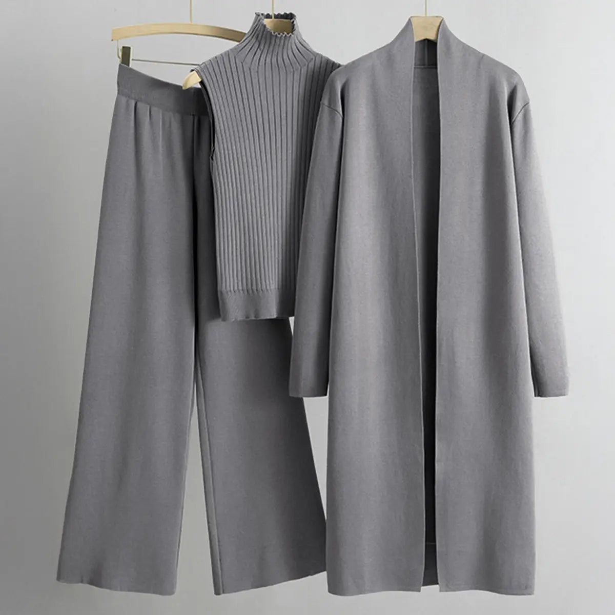 Women’s Three-Piece Knit Set – Long Cardigan, Sleeveless Top & Wide-Leg Pants