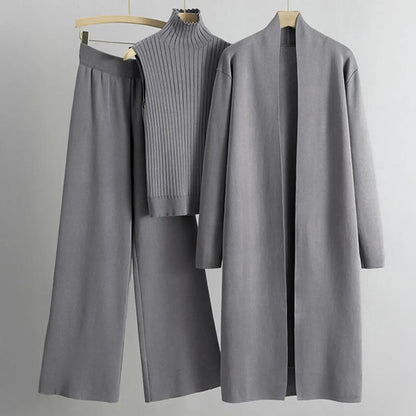 Women’s Three-Piece Knit Set – Long Cardigan, Sleeveless Top & Wide-Leg Pants