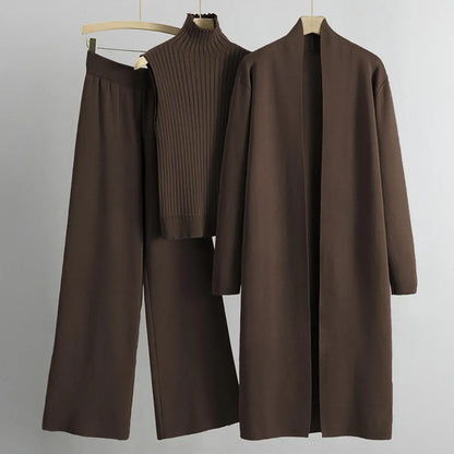 Women’s Three-Piece Knit Set – Long Cardigan, Sleeveless Top & Wide-Leg Pants