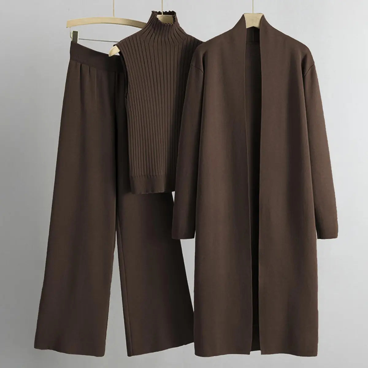 Women’s Three-Piece Knit Set – Long Cardigan, Sleeveless Top & Wide-Leg Pants