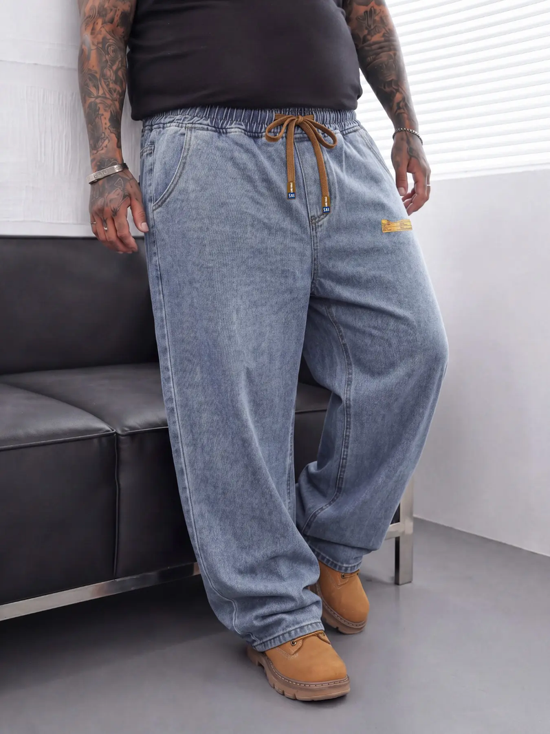 Light blue wide-leg jeans with drawstring elastic waist