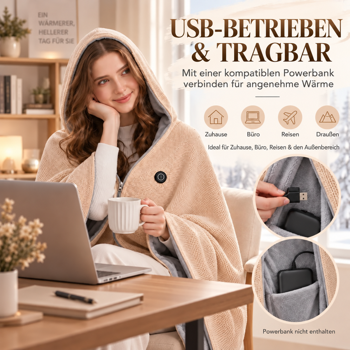 Elektrischer Heizponcho mit Kapuze – Kuschelig weich mit 3 Heizstufen