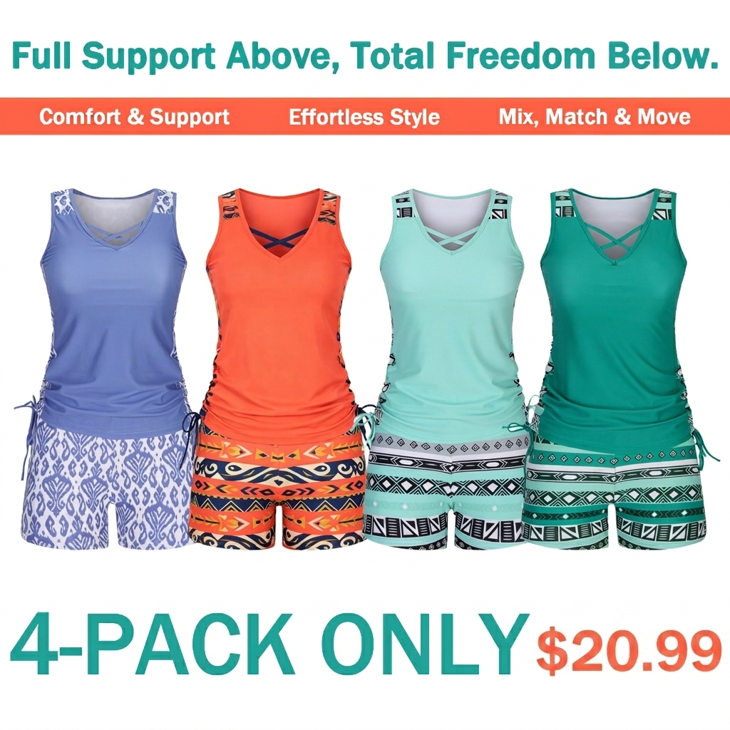 ⏰LAST DAY 90% OFF - Women's 2-Piece Tummy Control Tankini Set with Built-In Bra – Flattering Boho Swimwear with Shorts