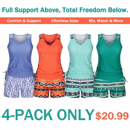 ⏰LAST DAY 90% OFF - Women's 2-Piece Tummy Control Tankini Set with Built-In Bra – Flattering Boho Swimwear with Shorts