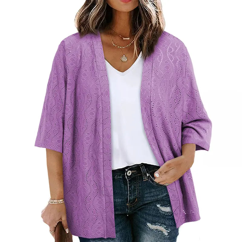 Plus Size Knitted Jacquard Cardigan for Women, Half Sleeve Summer Kimono Cover Up, Elegant Open Front Tops