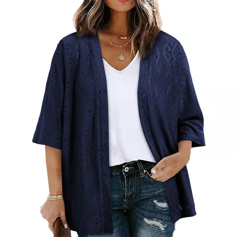 Plus Size Knitted Jacquard Cardigan for Women, Half Sleeve Summer Kimono Cover Up, Elegant Open Front Tops