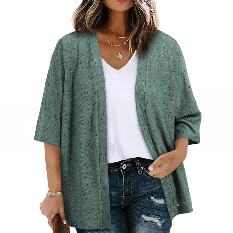 Plus Size Knitted Jacquard Cardigan for Women, Half Sleeve Summer Kimono Cover Up, Elegant Open Front Tops