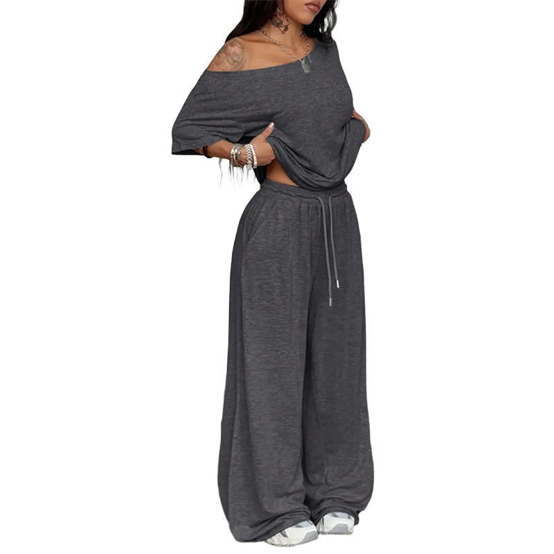 Women's Minimalist Off Shoulder T-Shirt & Wide Leg Pants Set