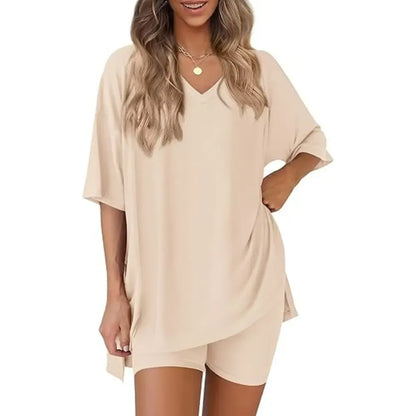 V Neck 2 Piece Sets for Women Summer Lounge Short Set Spring Matching Biker Shorts Oversized Shirt Clothing