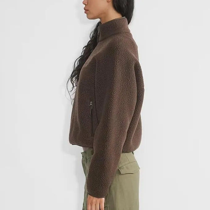 Women‘s Fleece Sweatshirt – Cropped Half-Zip Sherpa Pullover with Zipper Pockets