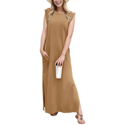 🔥Last day promotion⏰Casual Round Neck Loose Split Wrinkle-Free Long Maxi Vacation Dress with Pockets