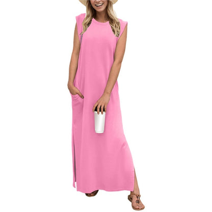 🔥Last day promotion⏰Casual Round Neck Loose Split Wrinkle-Free Long Maxi Vacation Dress with Pockets