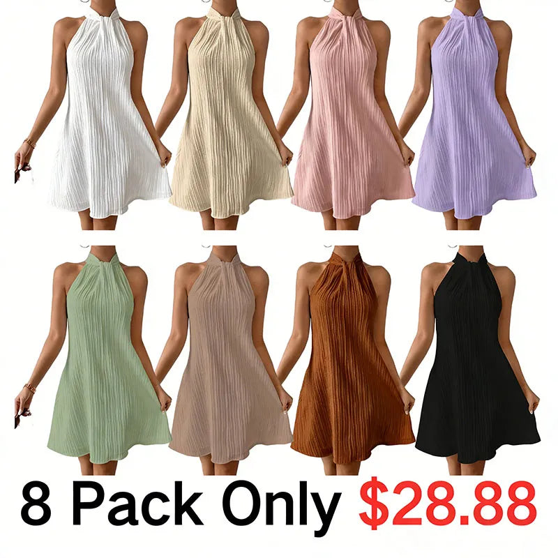 💥Clearance Sale⏰ Women's Bohemian Chic Solid Color Vertical Stripe Mini Dress - Sleeveless, Ruched Detail, Button-Up, Perfect for Spring/Summer, Casual to Formal Wear,