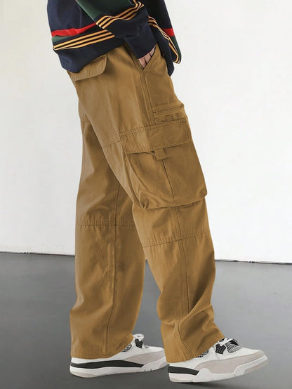 Men's Loose Solid Color All-match Pocket Drawstring Waist Overalls