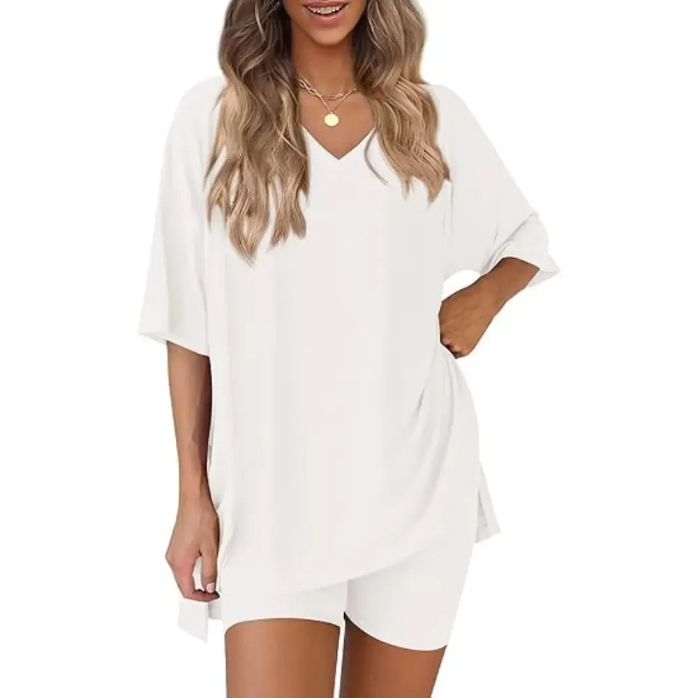 V Neck 2 Piece Sets for Women Summer Lounge Short Set Spring Matching Biker Shorts Oversized Shirt Clothing