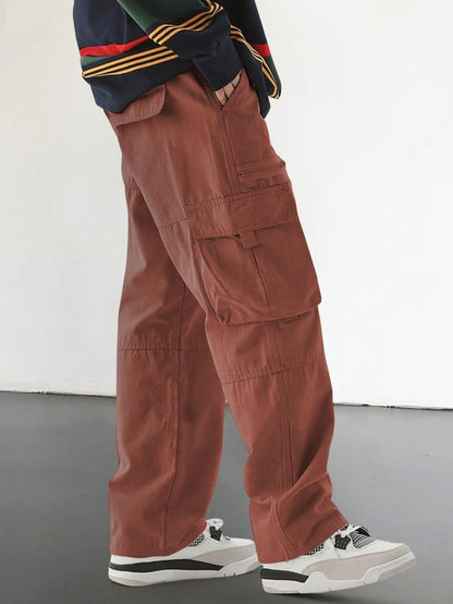 Men's Loose Solid Color All-match Pocket Drawstring Waist Overalls