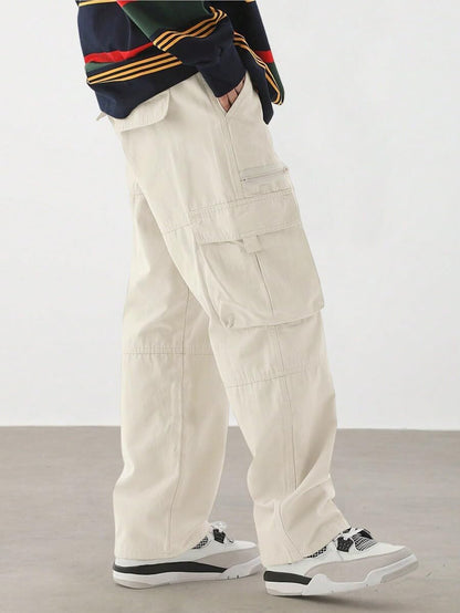 Men's Loose Solid Color All-match Pocket Drawstring Waist Overalls