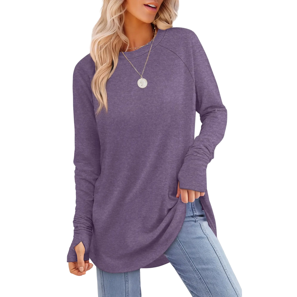 Womens Long Sleeve Round Neck Tunic Tops