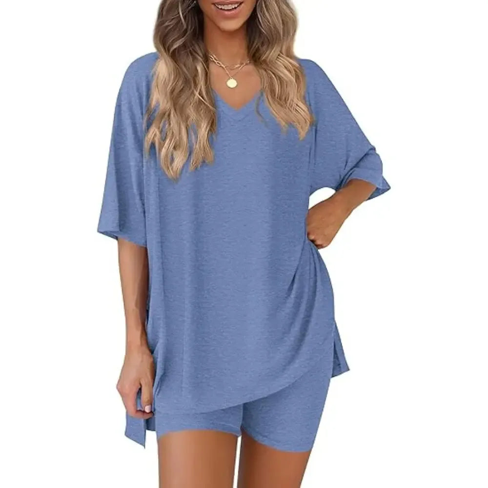 V Neck 2 Piece Sets for Women Summer Lounge Short Set Spring Matching Biker Shorts Oversized Shirt Clothing