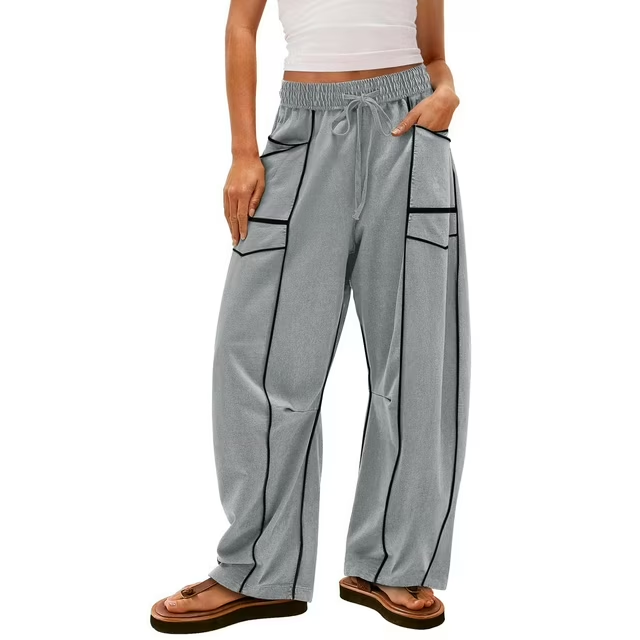 Women'S High Waisted Barrel Sweatpants Baggy Wide Leg Drawstring Joggers With Pockets And Seam Stitch Details| Regular Lined For Fall & Spring, Cozy Fleece Lined For Winter