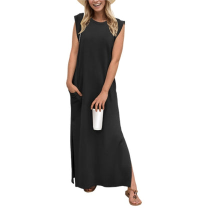 🔥Last day promotion⏰Casual Round Neck Loose Split Wrinkle-Free Long Maxi Vacation Dress with Pockets