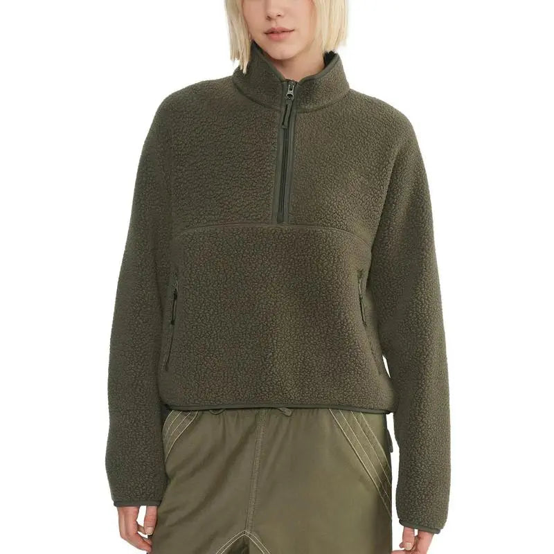 Women‘s Fleece Sweatshirt – Cropped Half-Zip Sherpa Pullover with Zipper Pockets