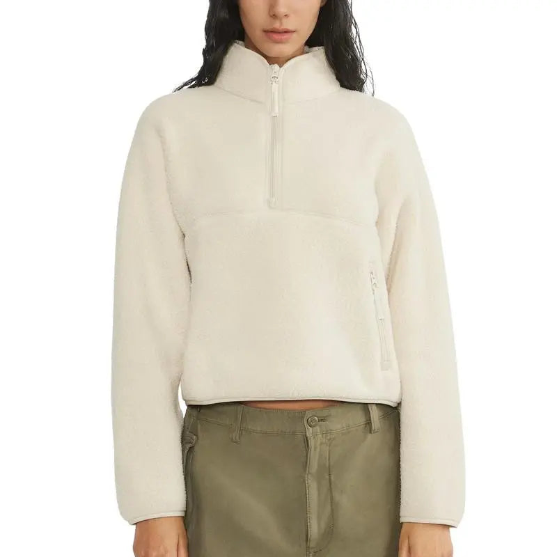 Women‘s Fleece Sweatshirt – Cropped Half-Zip Sherpa Pullover with Zipper Pockets