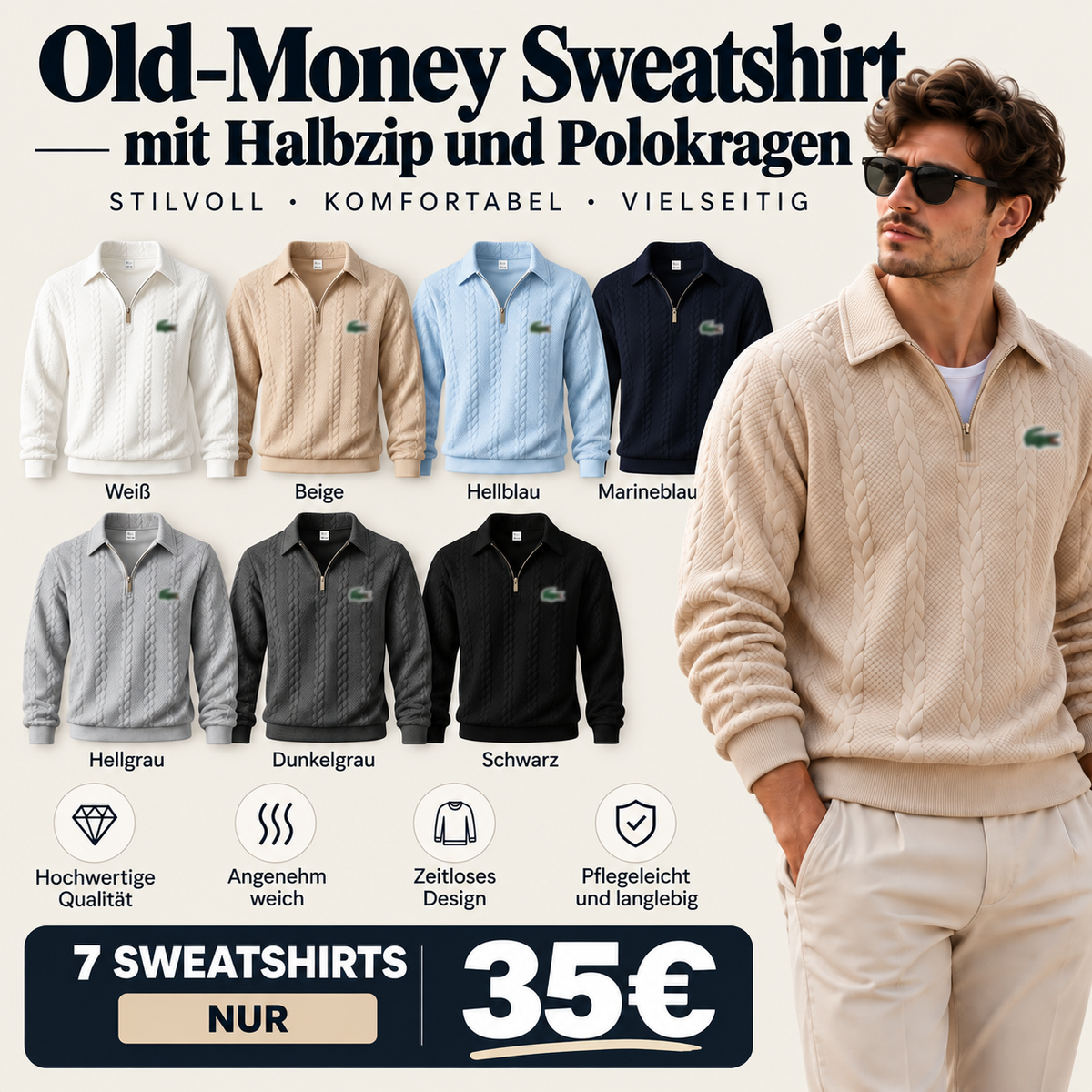 🐊Old-Money Sweatshirt mit  Halbzip und Polokragen🔥