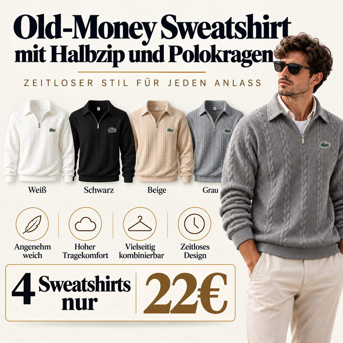 🐊Old-Money Sweatshirt mit  Halbzip und Polokragen🔥