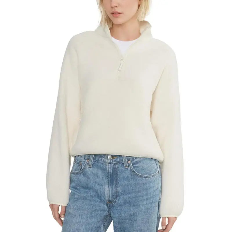 Women‘s Fleece Sweatshirt – Cropped Half-Zip Sherpa Pullover with Zipper Pockets