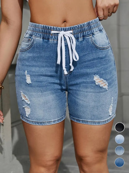 ⭐  Women's High Waisted Drawstring Ripped Denim Shorts with Pockets