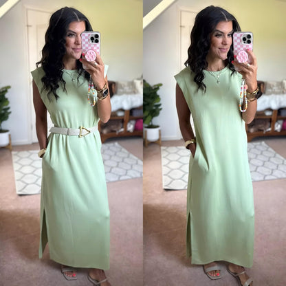 🔥Last day promotion⏰Casual Round Neck Loose Split Wrinkle-Free Long Maxi Vacation Dress with Pockets