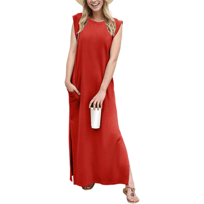 🔥Last day promotion⏰Casual Round Neck Loose Split Wrinkle-Free Long Maxi Vacation Dress with Pockets