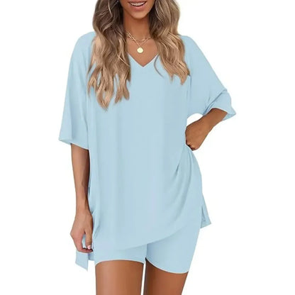 V Neck 2 Piece Sets for Women Summer Lounge Short Set Spring Matching Biker Shorts Oversized Shirt Clothing